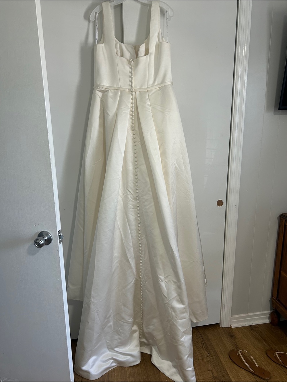 Ivory Satin A-Line Wedding Gown with Covered Button Back